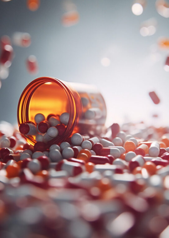 Pills of two colors on the background