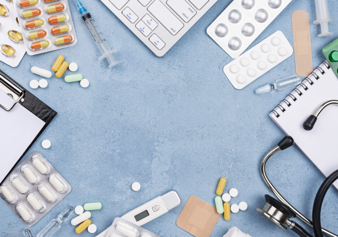 top-view-medical-elements-composition-blue-cement-background top-view-medical-elements-composition-blue-cement-background